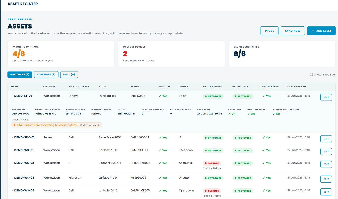 Asset register showing device patch, protection and encryption status
