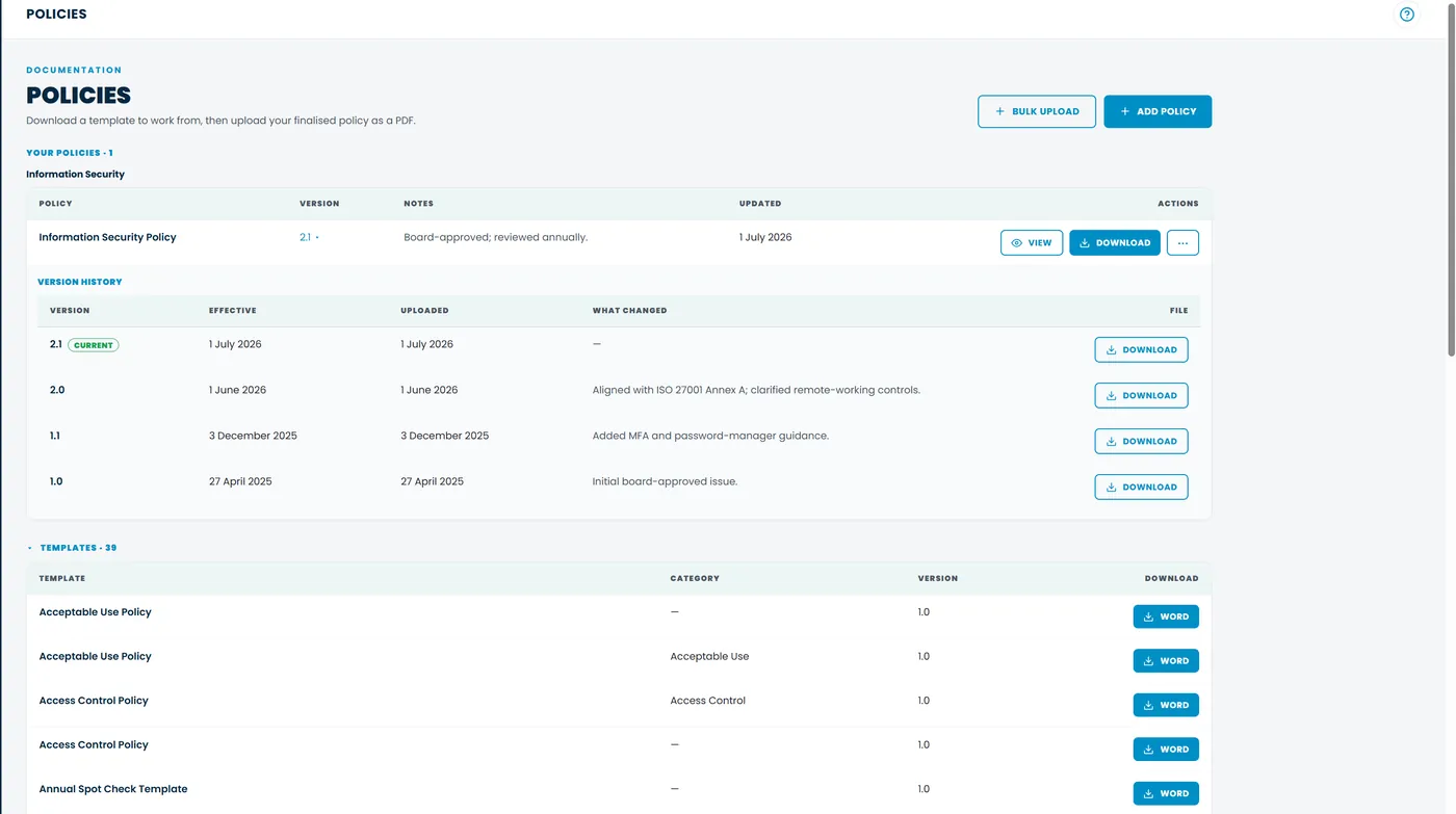 Policy library with version history and downloadable templates